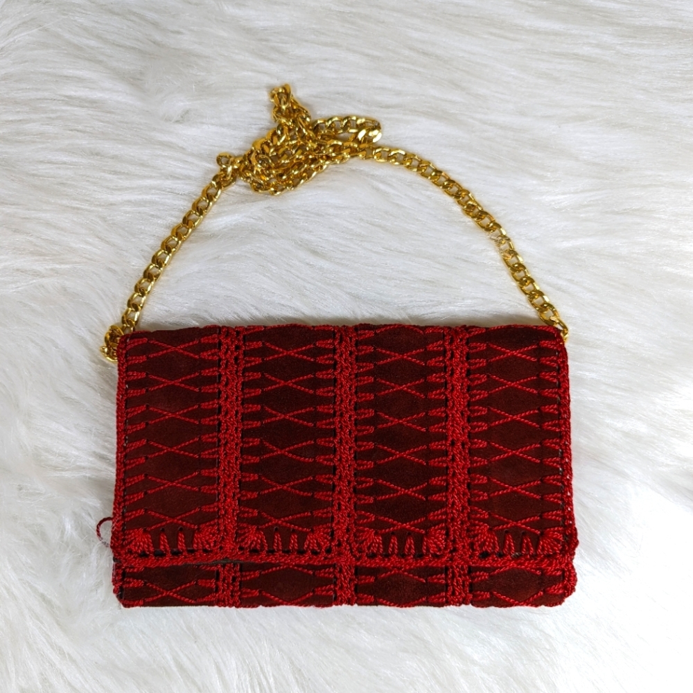 Vintage Walborg Suede Embroidered Shoulder Bag Purse Chain Possibly Waxed Boho